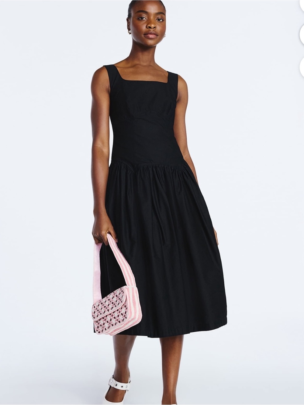 Square-Neck Black Midi Dress with Gathered Skirt - Women